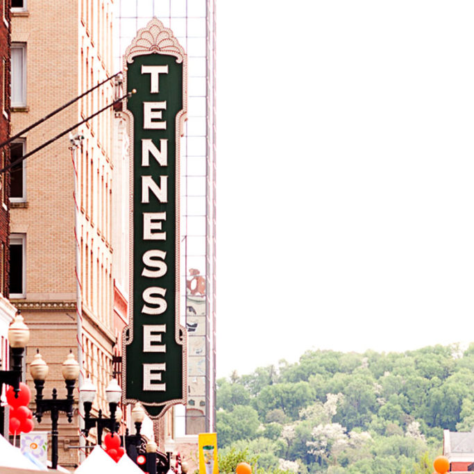 Downtown Knoxville, with the Tennessee Theatre sign.
