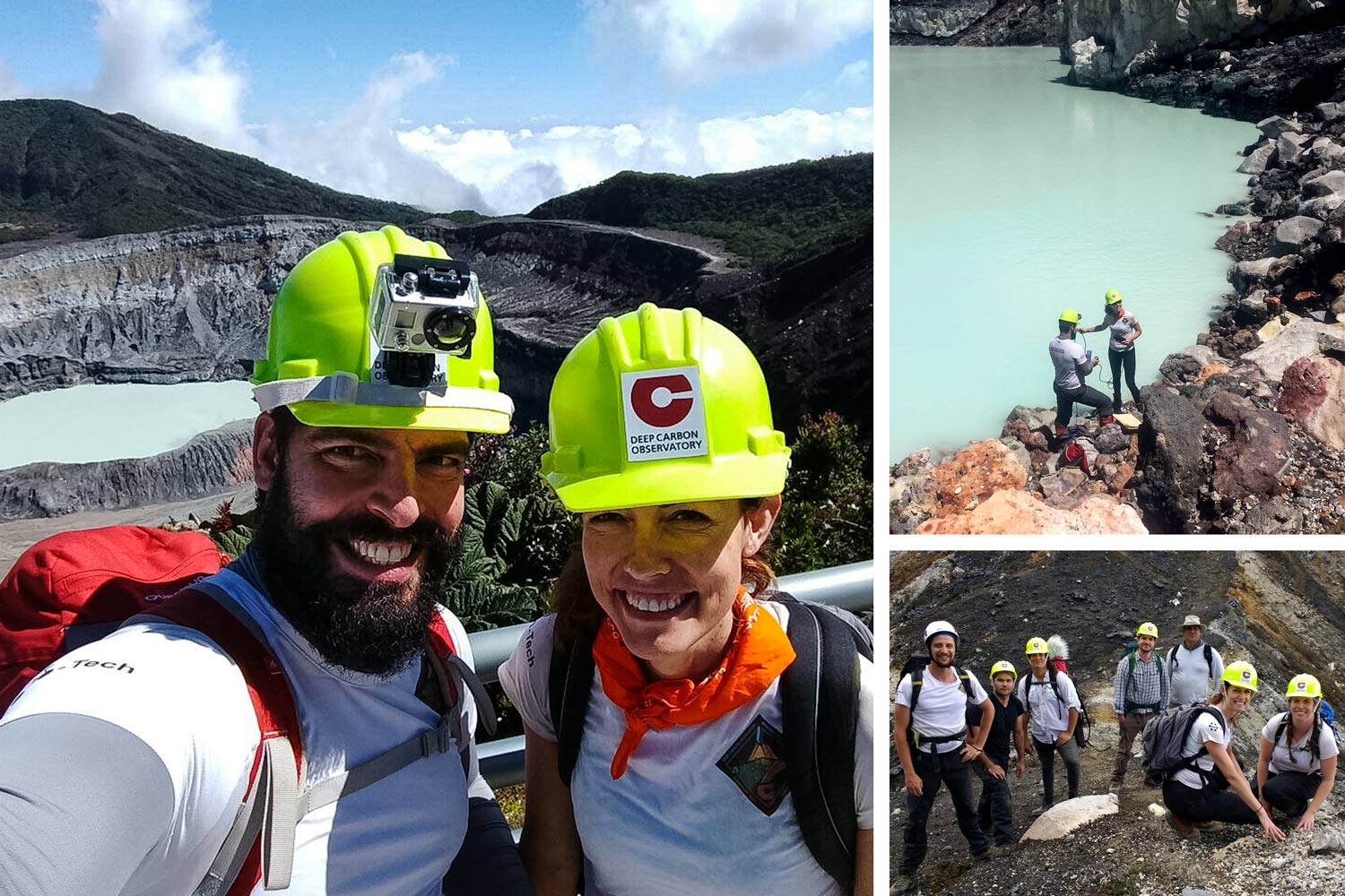 Left: Donato Giovannelli, a microbiologist with Rutgers university, and Karen Lloyd, pose for a photo before descending into the Poás Volcano crater. Top right: Giovannelli and Lloyd take samples from a crater lake. Bottom right: A team of scientists, project members, and videographers pause during the climb out of the crater.