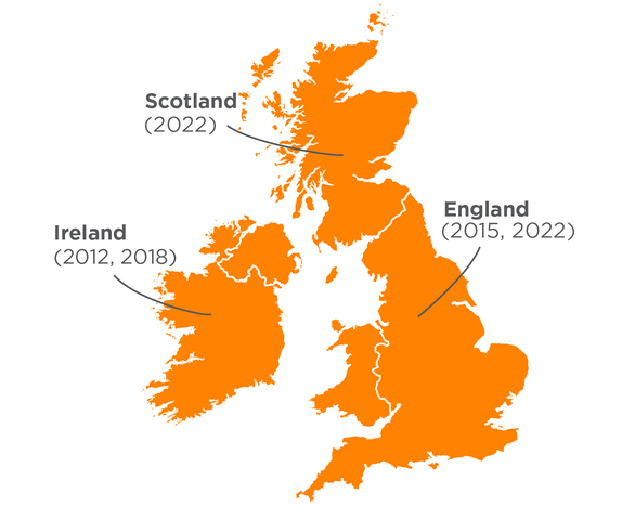 Map of the British Isles with labels indicating the years of Chamber Singers visits