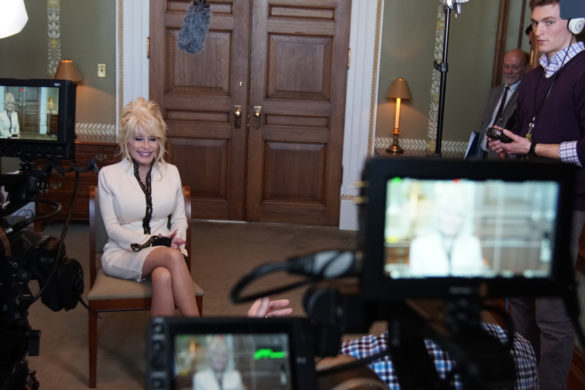 Dolly Parton being interviewed.