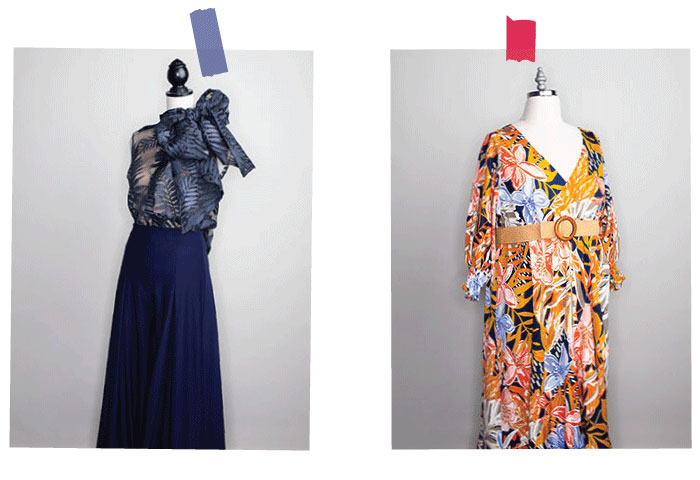 Images of Brakefields designs. Left: blue dress with a bow. Right: orange patterned wrap dress..