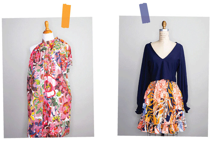 Images of Brakefields designs. Left: red patterned dress. Right: blue shirt and orange patterned skirt.