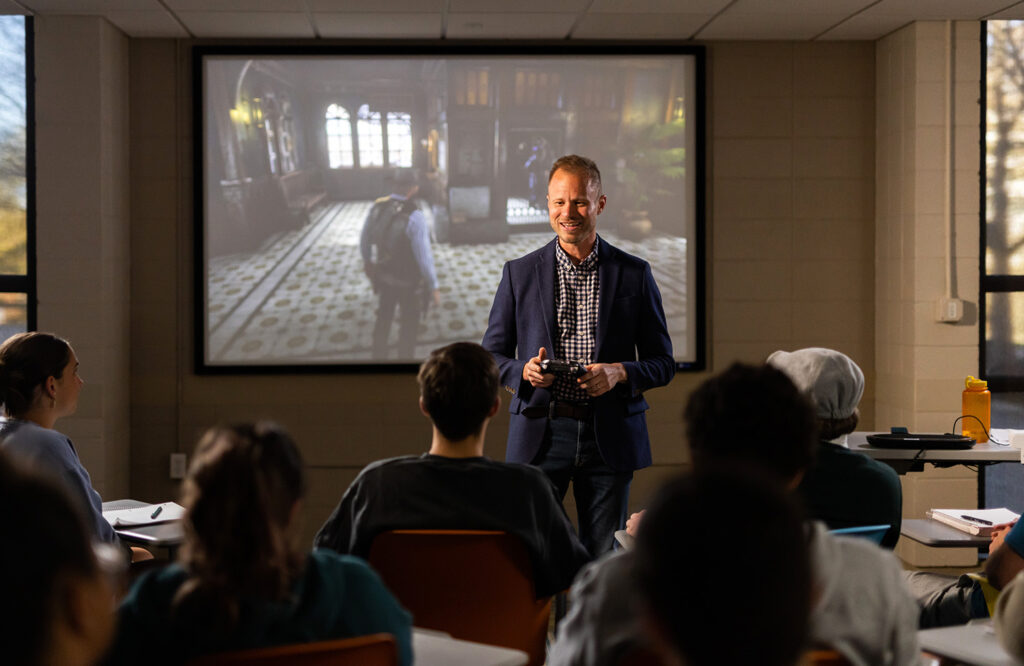 Associate Professor of History Tore Olsson leads a class discussion of Red Dead Redemption