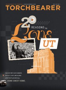 Cover image of Torchbearer magazine with the words 20 Reasons to Love UT with an image of Ayres Hall and a picture of a student dressed as Davy Crockett