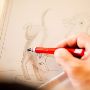 A close-up of a white hand holding a red pencil and applying shading to a drawing of an animal posing on a circus platform.