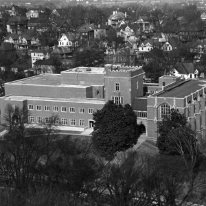 This historical photo is an aerial view of Hoskins Library, situated amongst the residential Fort Sanders neighborhood. 