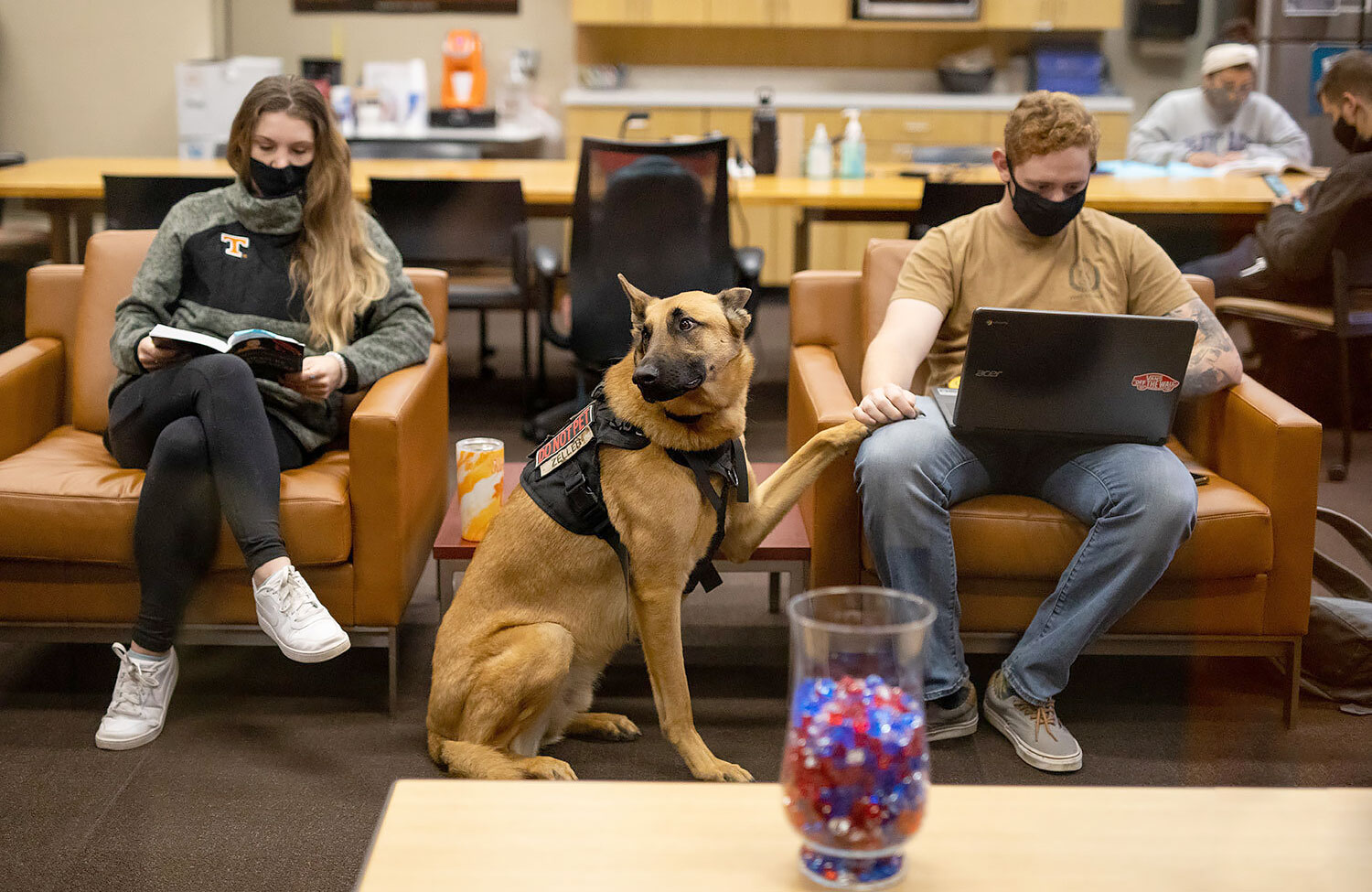Two veteran students study in the Veteran Success Center while a service dog rests his paw comfortingly on a young man's knee.