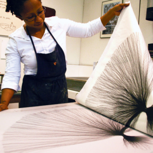 Althea Murphy-Price, a Black woman wearing a white shirt and a black printmaking apron, lifts a large print of African-American hair, bound at the top and fanned out into single strands beneath.