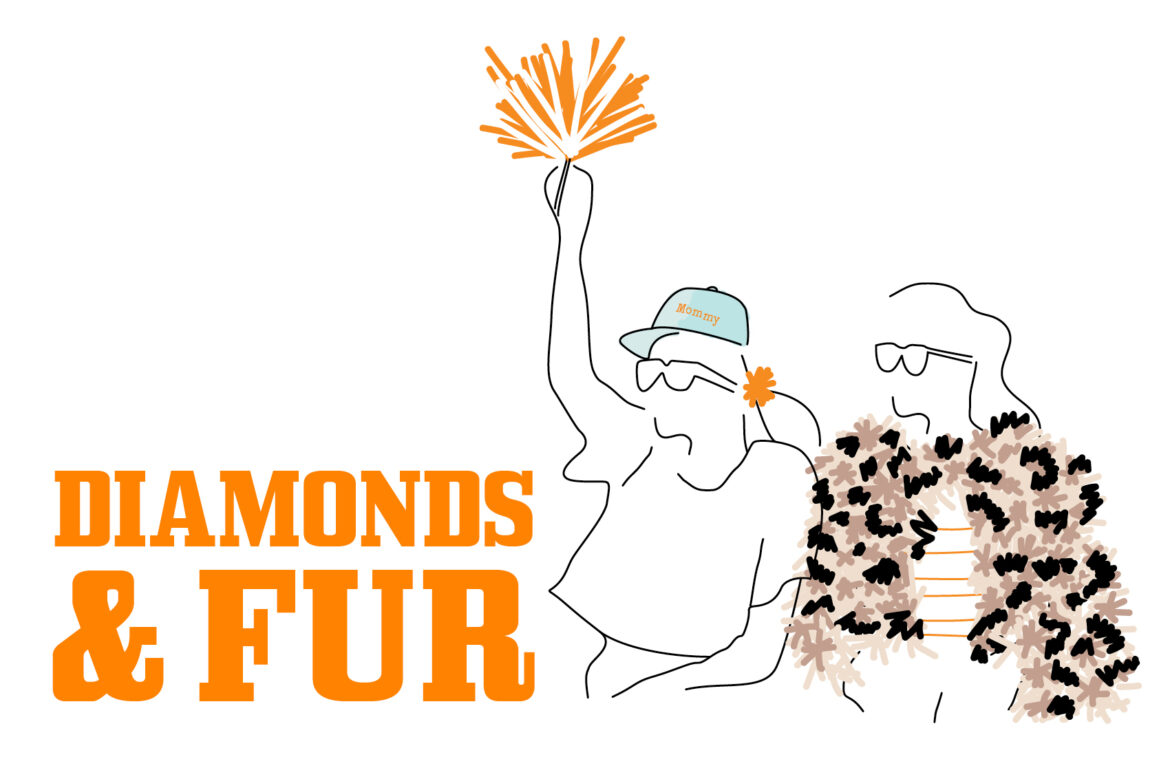 Diamonds and Fur illustration of two women, one with an orange and white shaker and the other wearing a fur coat