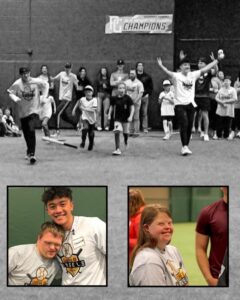 A collage of photos showing people playing baseball