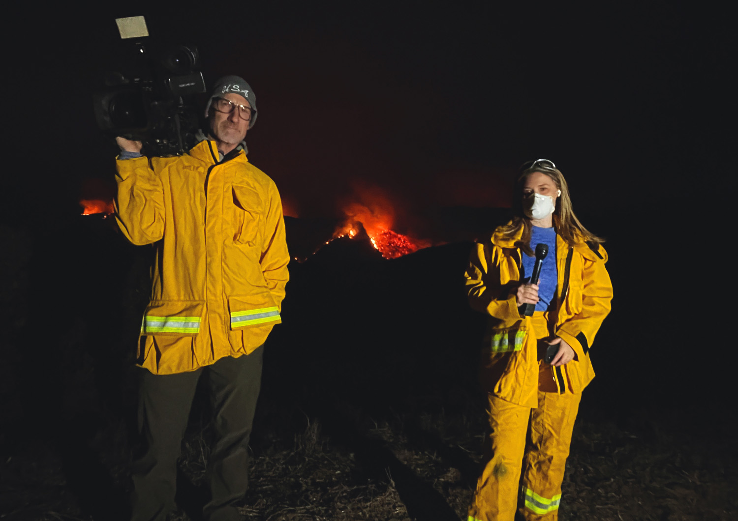 spirit-sharp_camera Ashley Sharp and her cameraman wearing protective gear as they report from the frontlines of the CA wildfires