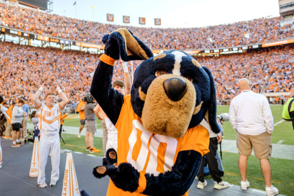 Mascot Smokey, wearing his 00 jersey, holds his ear aloft as cheerleaders lead the crowd in chants